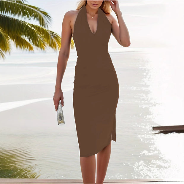 Damen elegantes Wickelkleid mit tiefem V-Ausschnitt und figurbetontem Schnitt WW