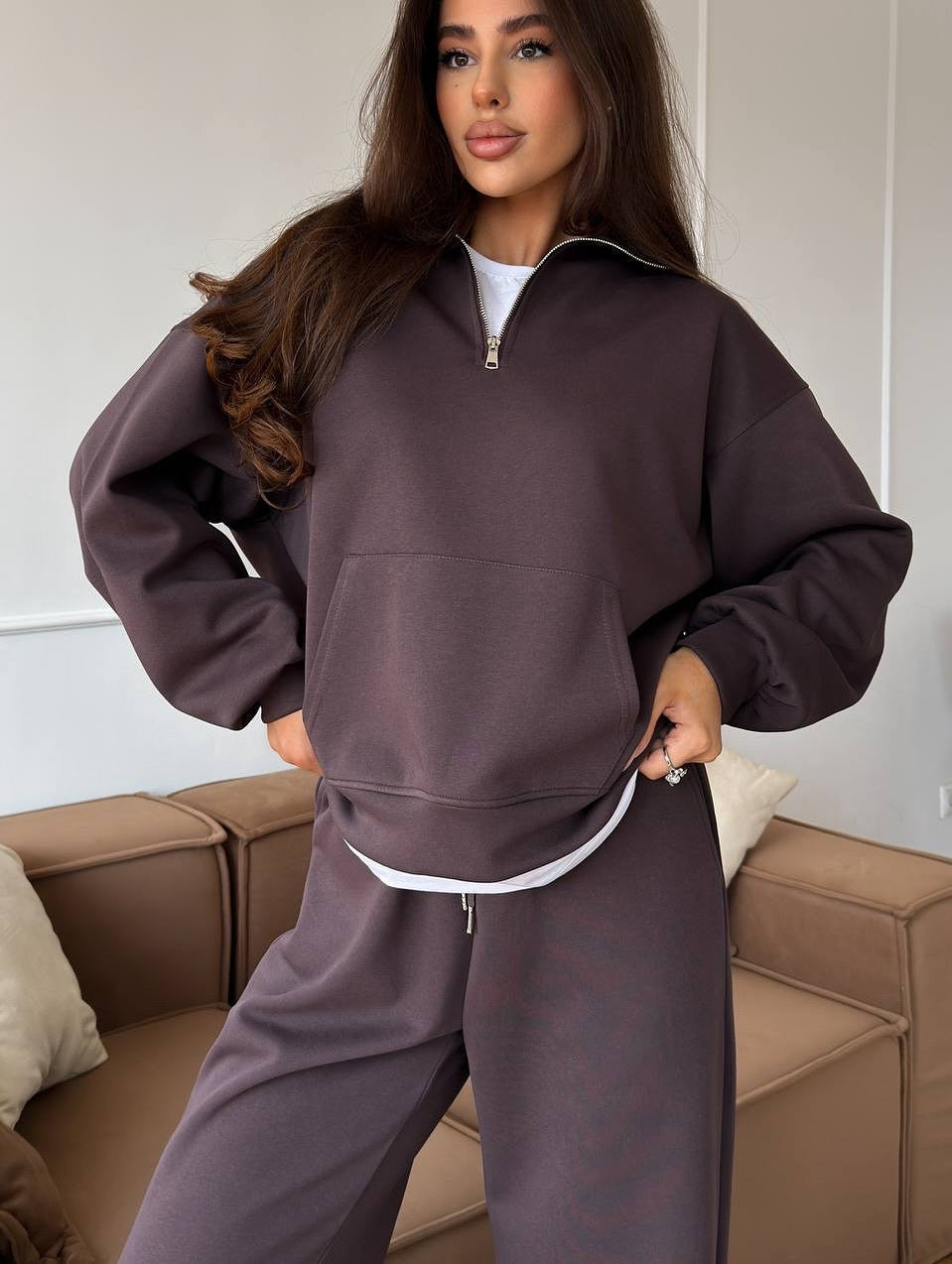 Damen bequemer und stylischer Fleece-Pullover mit halbem Reißverschluss und weiten Hosen WW