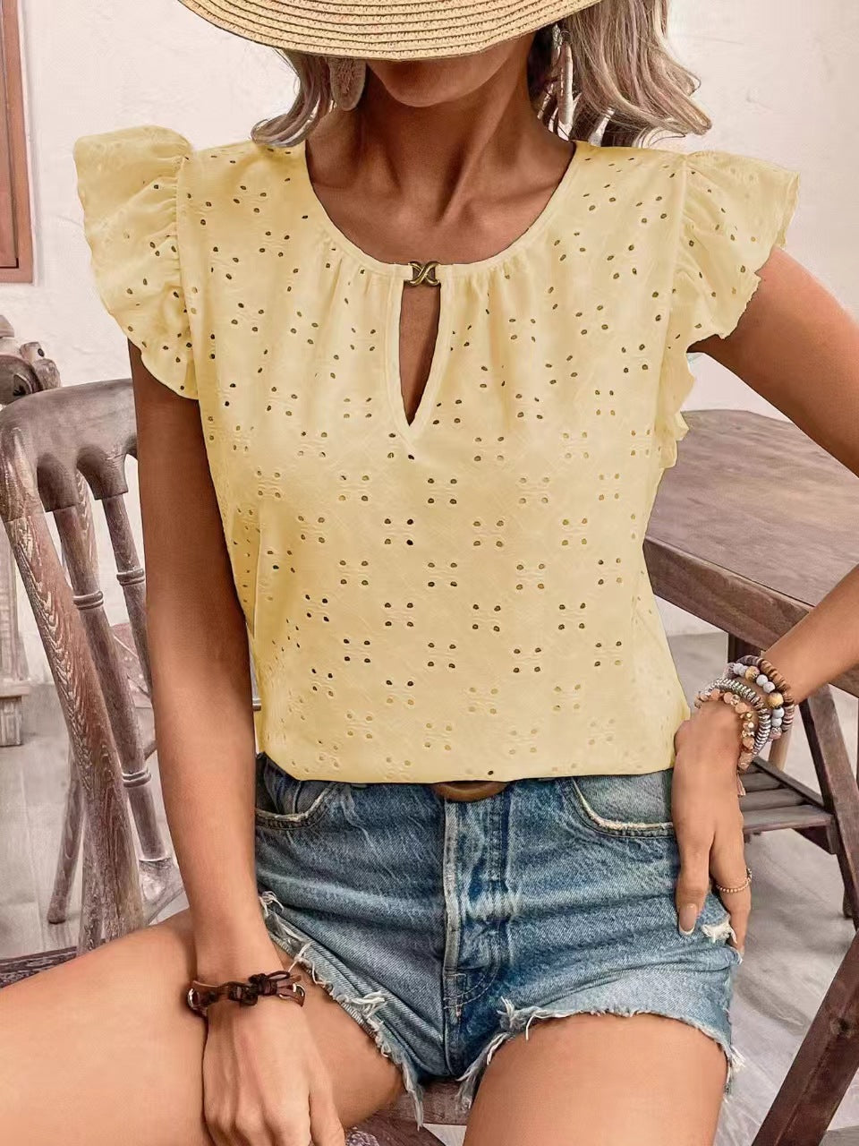 Damen Bluse mit Rüschendetails und Lochstickerei WW