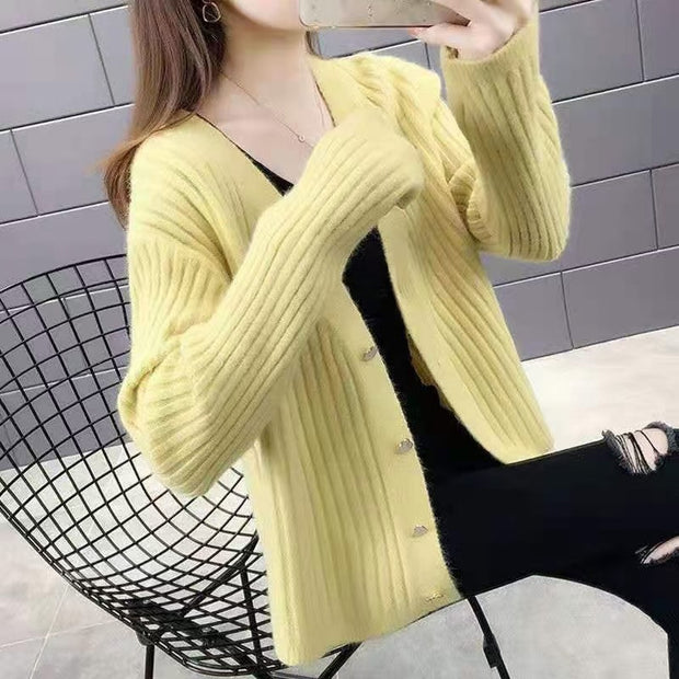 Damen Rippenstrick Cardigan mit herzförmigen Knöpfen WW