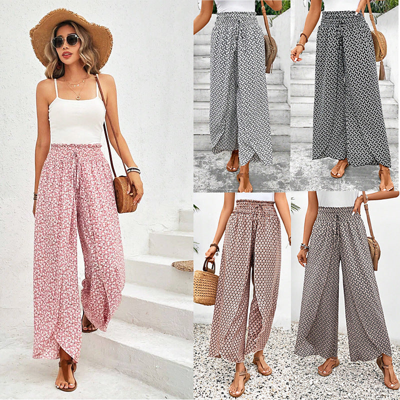 Damen weite Sommerhose mit elastischem Bund und floralem Design WW