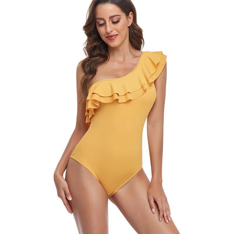 Damen Einteiler Badeanzug mit asymmetrischem Schnitt und voluminösem Rüschendetail WW