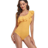 Damen Einteiler Badeanzug mit asymmetrischem Schnitt und voluminösem Rüschendetail WW