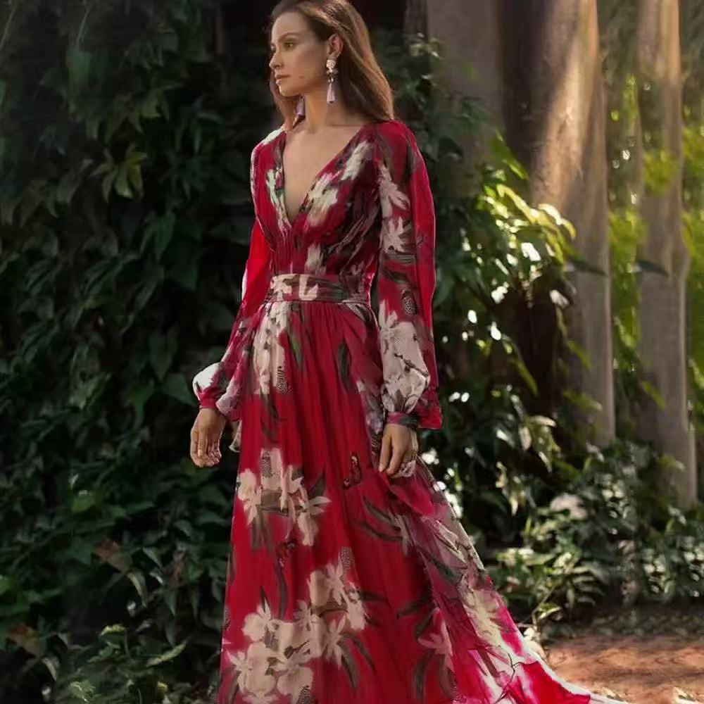 W&W Mode | 3/4 Arm V-Ausschnitt Maxikleid für Eleganz