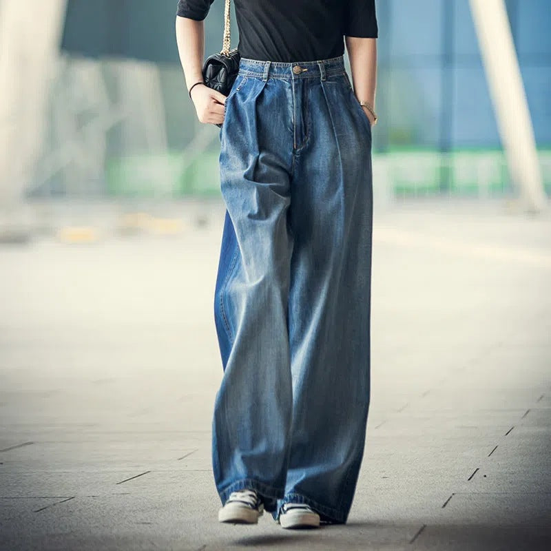 Damen Weite Denim-Hose im lässigen Hochbund-Stil WW