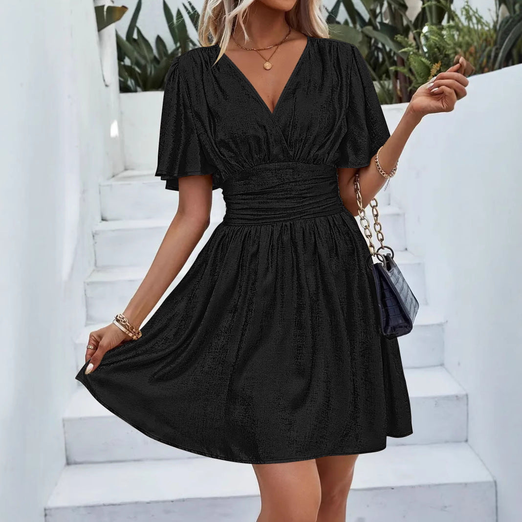 Damen Abendkleid mit schimmerndem V-Ausschnitt und voluminösen Ärmeln WW