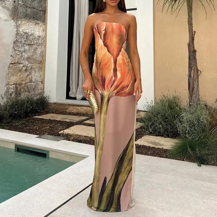 Damen Abendkleid mit elegantem drapiertem Oberteil und künstlerischem Print W&W Mode
