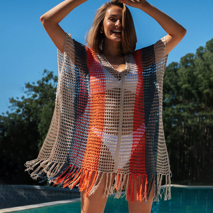 Damen Strandtunika mit modischem Netzdesign und fransenverziertem Saum W&W Mode