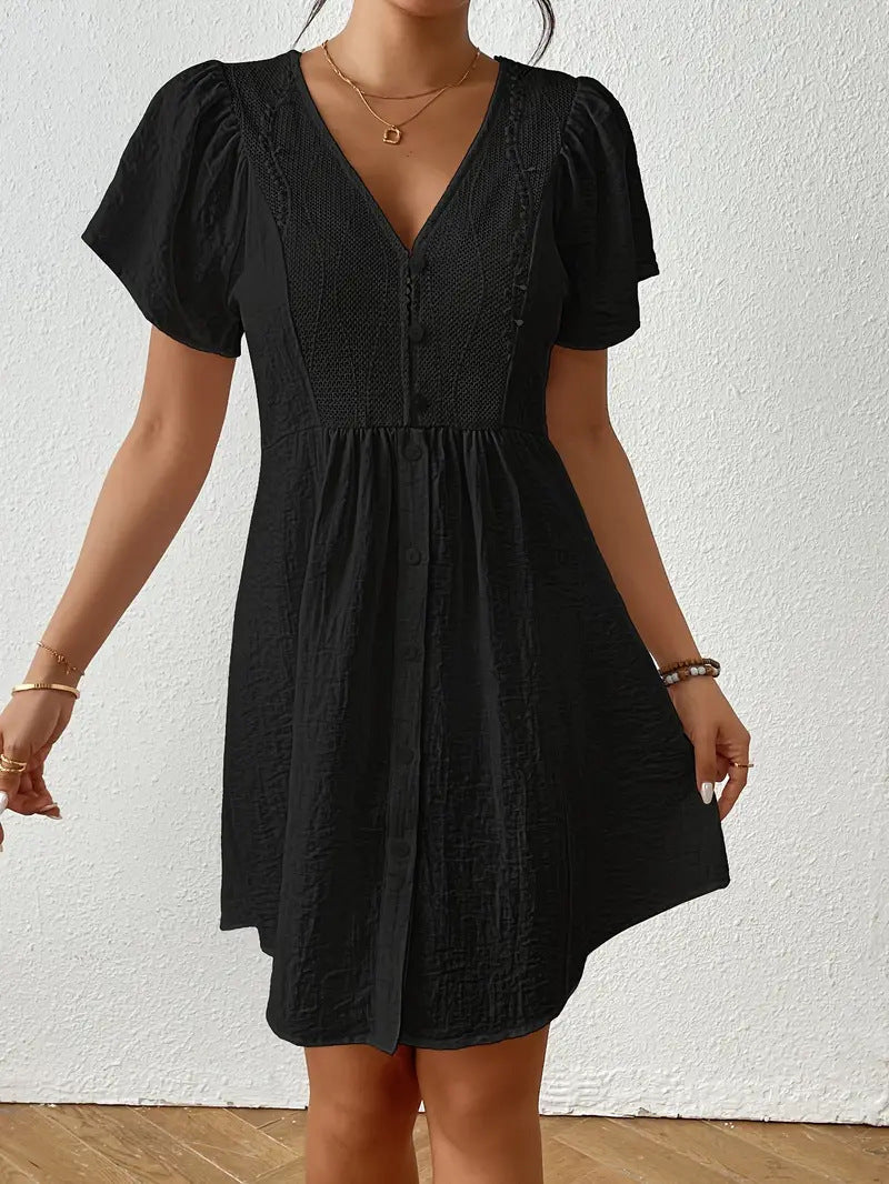 Damen Sommerkleid mit Puffärmeln und Knopfleiste WW