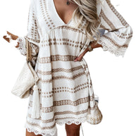 Damen lockeres Boho-Kleid mit Spitze und grafischem Muster WW