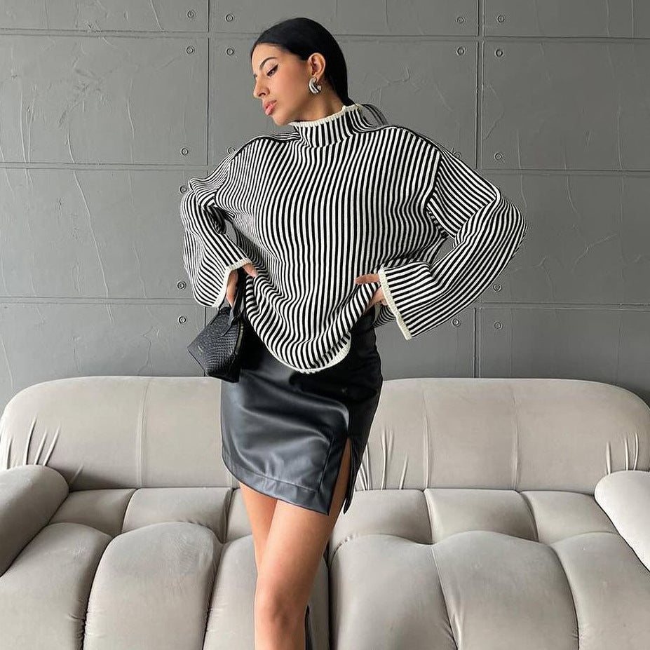 Damen Strickpullover mit lässigem Stehkragen und eleganten Streifen WW