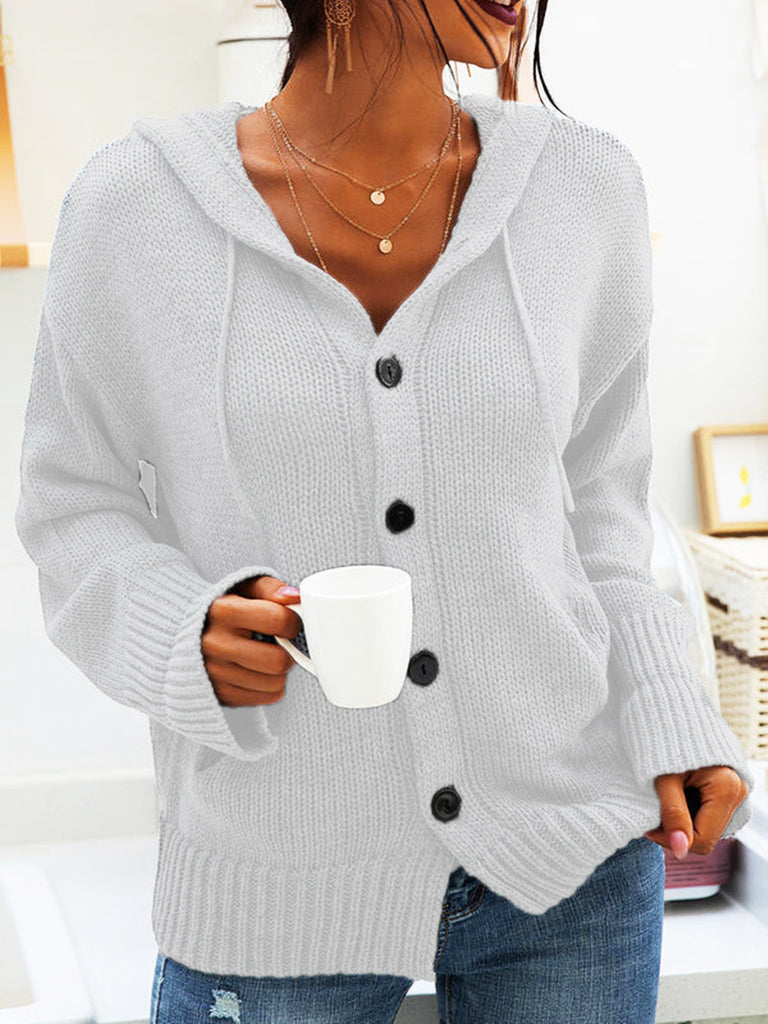 Damen Strickjacke mit Kapuze und knöpfen im lässigen Stil WW