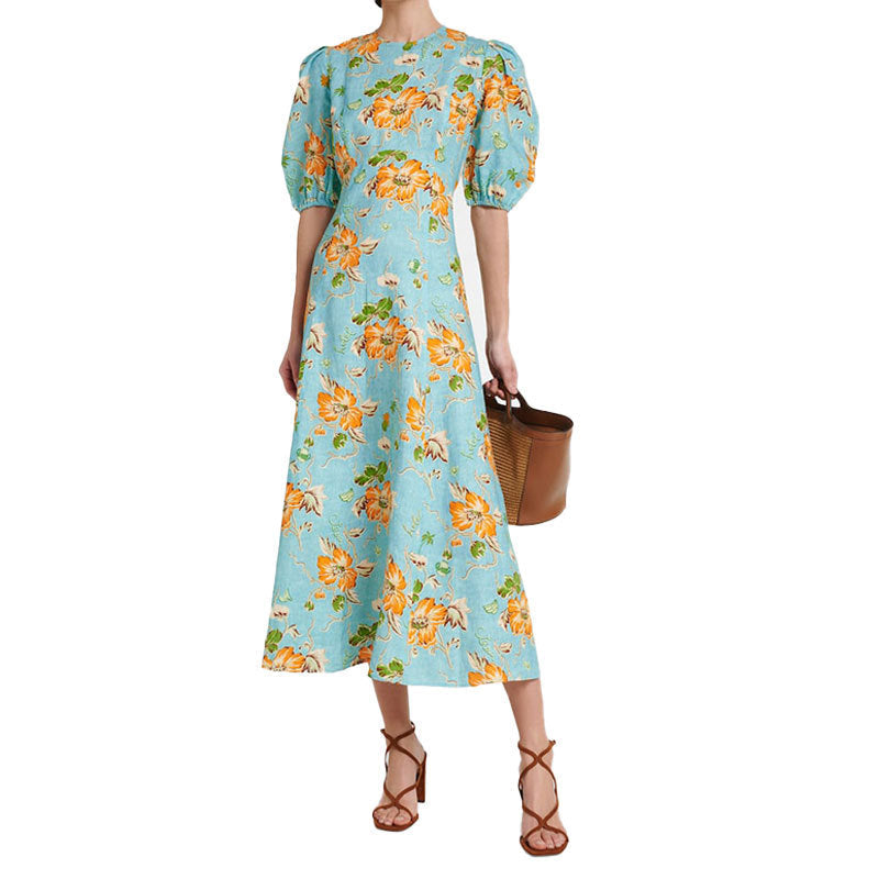 Damen Midikleid mit voluminösen Puffärmeln und floralem Muster W&W Mode