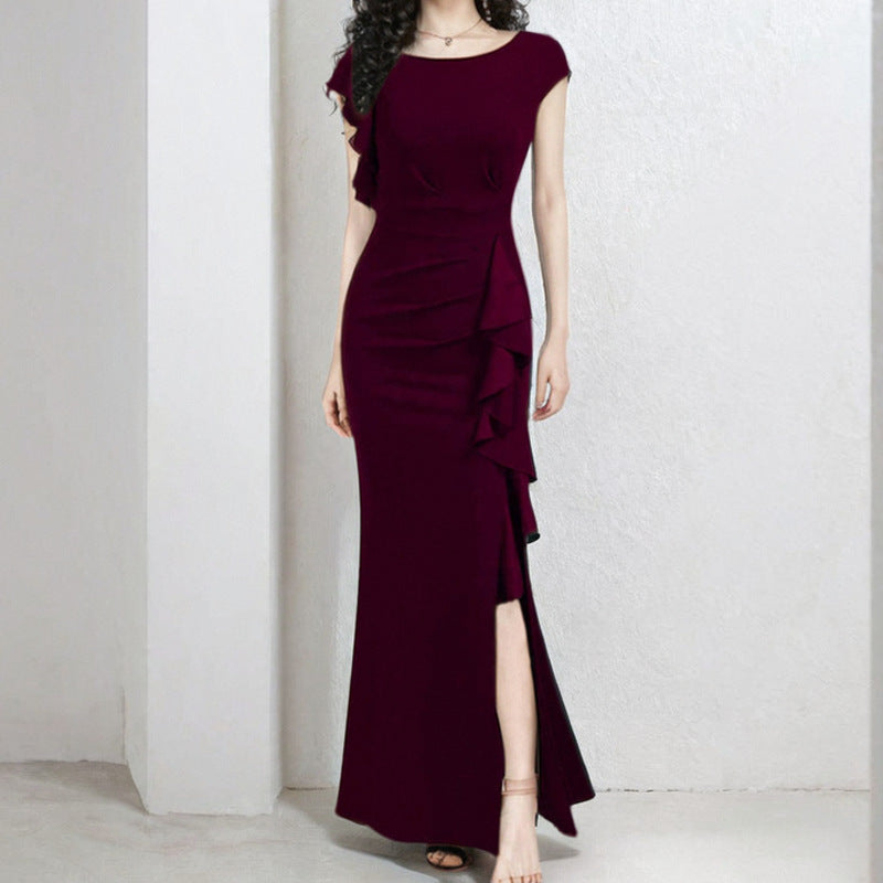 Damen Etuikleid mit asymmetrischen Volants und hohem Schlitz W&W Mode