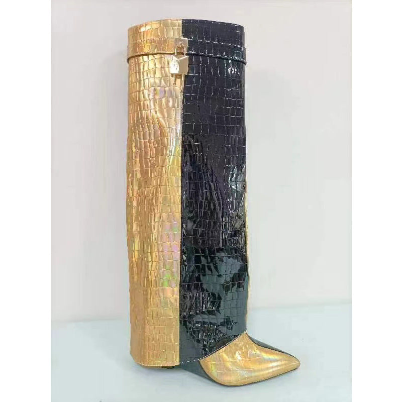 Damen Hochglanz Regenbogen Über-die-Knie Stiletto Stiefel WW