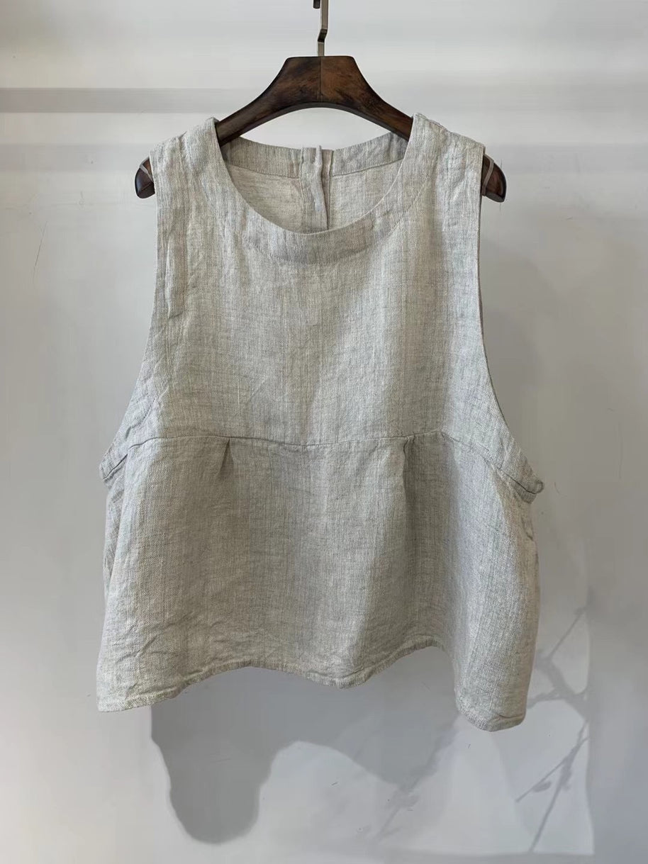 Damen Relaxed Fit Ärmelloses Leinenoberteil mit Seitentaschen WW