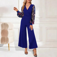 Damen elegante Jumpsuit mit floralen Spitzenärmeln und weitem Bein W&W