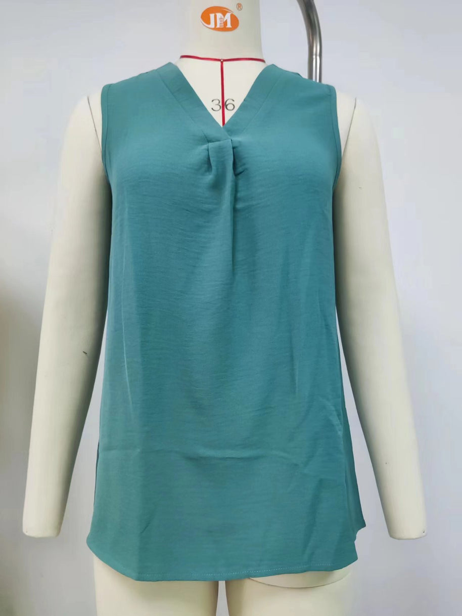 Damen ärmelloses Blusenshirt mit elegantem V-Ausschnitt und dekorativer Faltenstruktur WW
