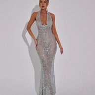 Damen Abendkleid mit glamourösem Paillettenbesatz und elegantem V-Ausschnitt WW