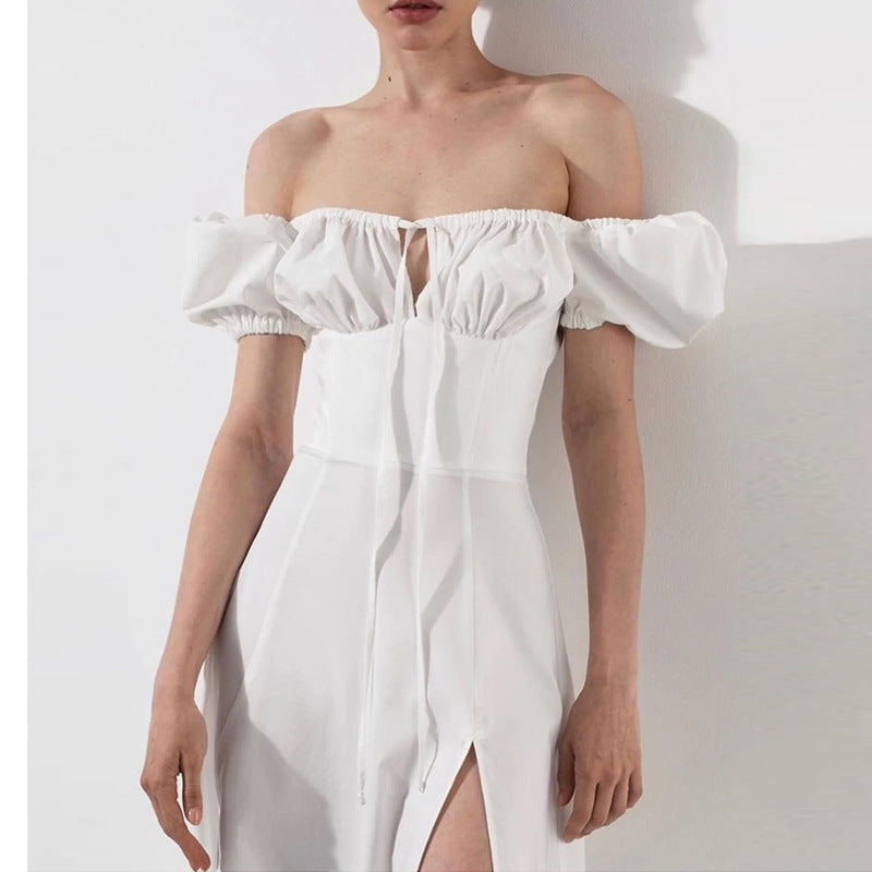 Damen Maxikleid mit schulterfreier Silhouette und raffinierten Puffärmeln W&W Mode