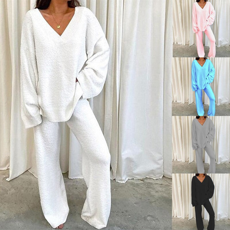 Damen Bequemes Fleece-Loungewear-Set mit V-Ausschnitt WW