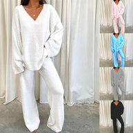 Damen Bequemes Fleece-Loungewear-Set mit V-Ausschnitt WW