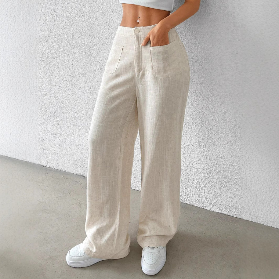 Damen weite Leinenhose mit elastischem Bund und praktischen Taschen WW