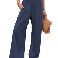 Damen Weite Leinenhose mit elastischem Bund und Falten WW