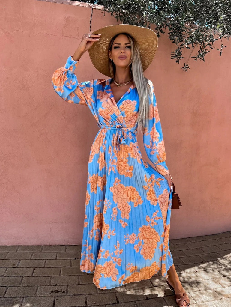 Frauen Floral Print Langarm Maxikleid WW