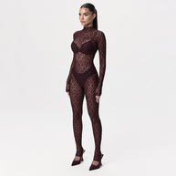 Damen Sheer Lace Body mit langen Ärmeln und hohem Kragen WW