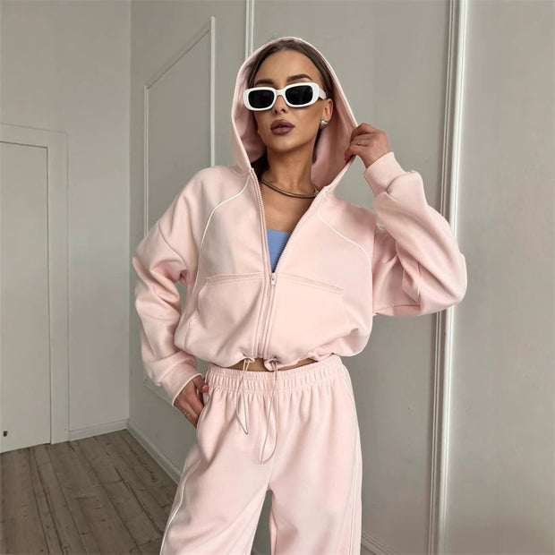 Damen sportliches Freizeitjacken- und Hosen-Set mit trendy Schnitt und elastischem Bund WW