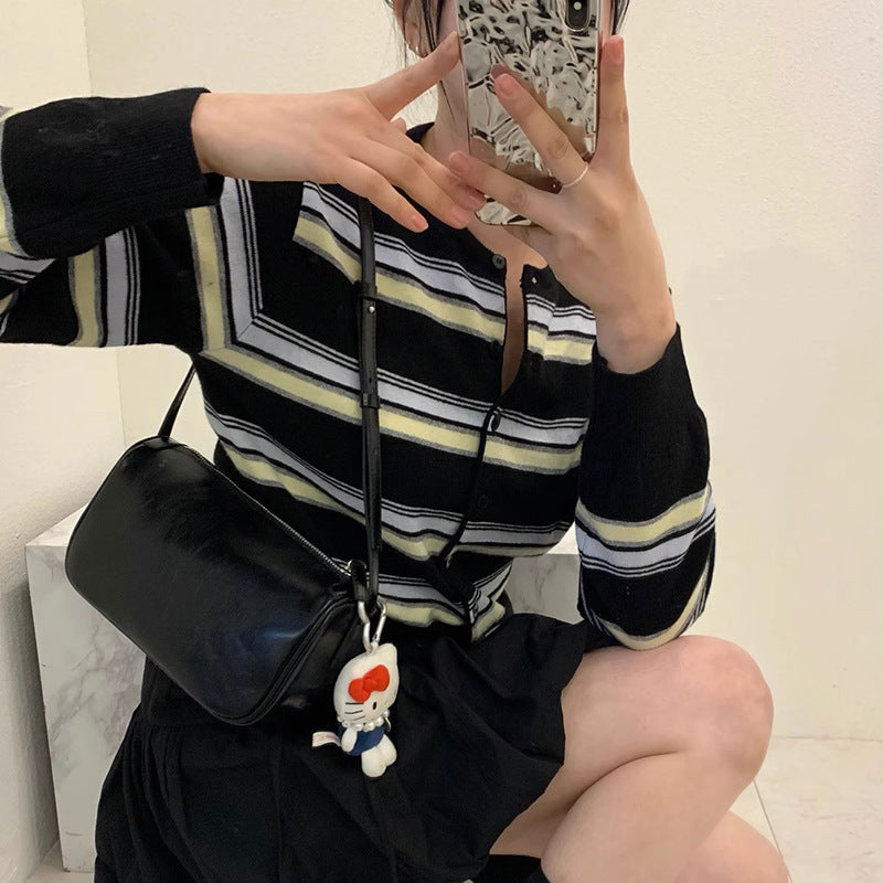 Damen sportliche Strickjacke mit modischem Streifenmuster und verspielten Knöpfen WW