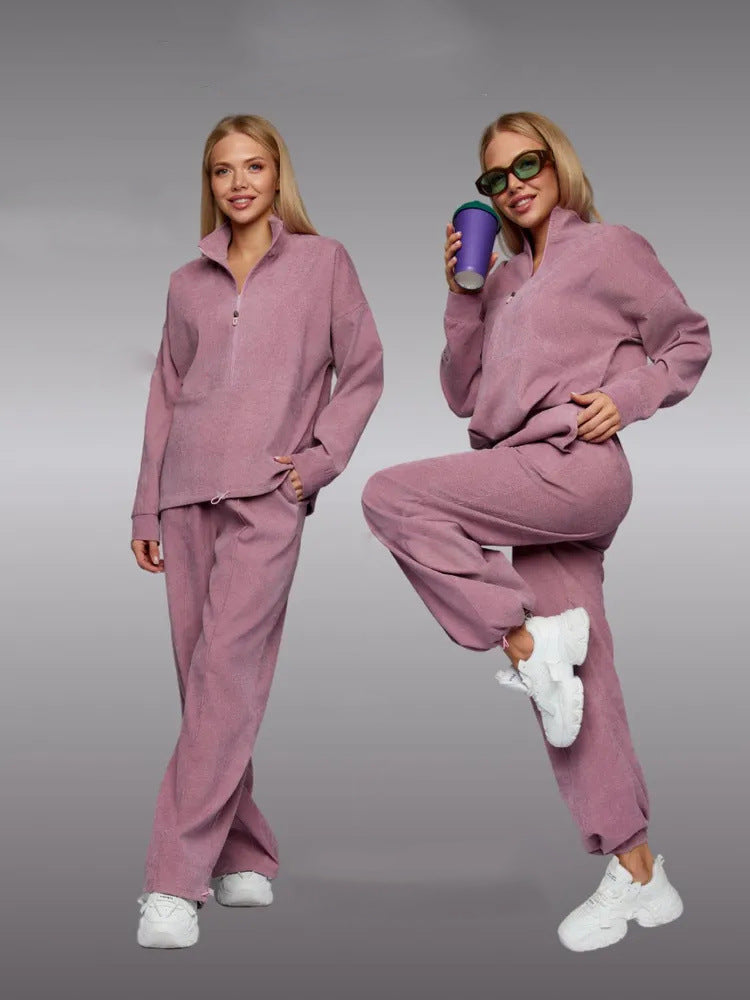Damen sportliches Fleece-Set mit hohem Kragen und weitem Bein WW