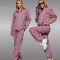 Damen sportliches Fleece-Set mit hohem Kragen und weitem Bein WW