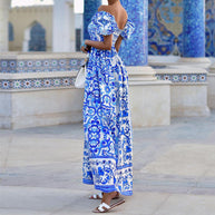 Damen Maxikleid mit schulterfreiem Design und elegantem floralen Muster WW