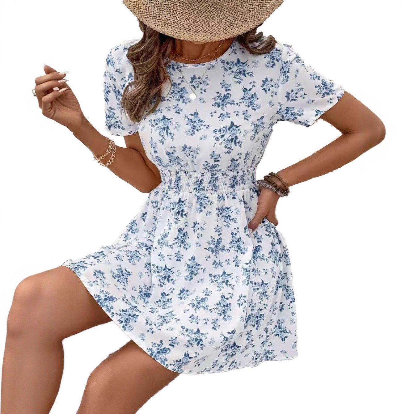 Damen Sommerliches Blümchenkleid mit elastischem Bund und leichtem Stoff WW