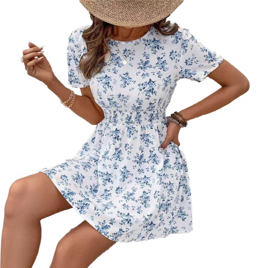 Damen Sommerliches Blümchenkleid mit elastischem Bund und leichtem Stoff WW