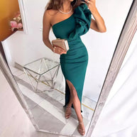 Damen Elegantes One-Shoulder Abendkleid mit Rüschen und hohem Schlitz WW