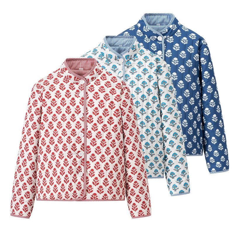 Damen Steppjacke mit floralen Mustern und elegantem Kragen WW