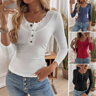 Damen Longsleeve Shirt mit Spitzenkragen und Knopfleiste WW