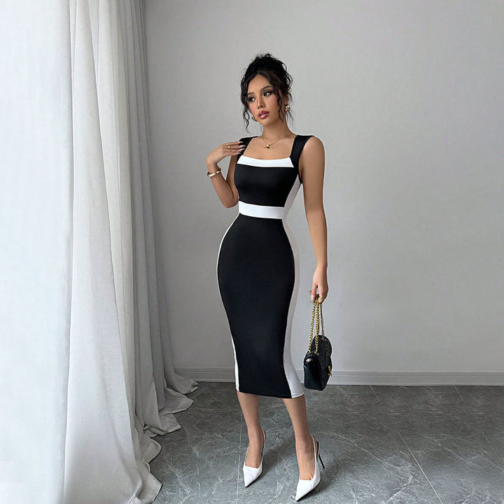 Damen figurbetontes Midi-Kleid mit elegantem Farbkontrast und schickem Ausschnitt W&W Mode