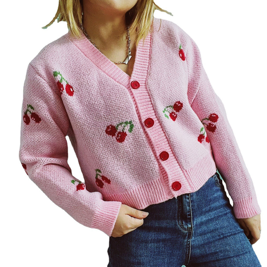 Damen Strickjacke im fröhlichen Kirschmotiv WW