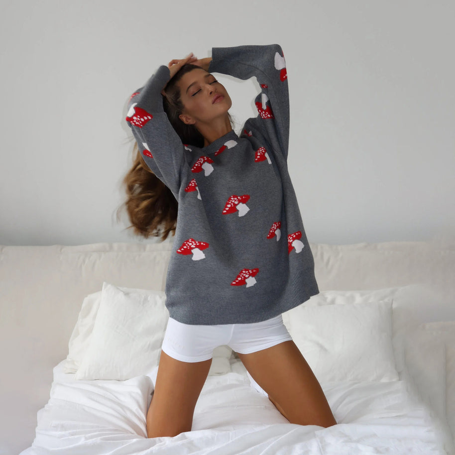 Damen Strickpullover mit verspieltem Pilzmotiv WW