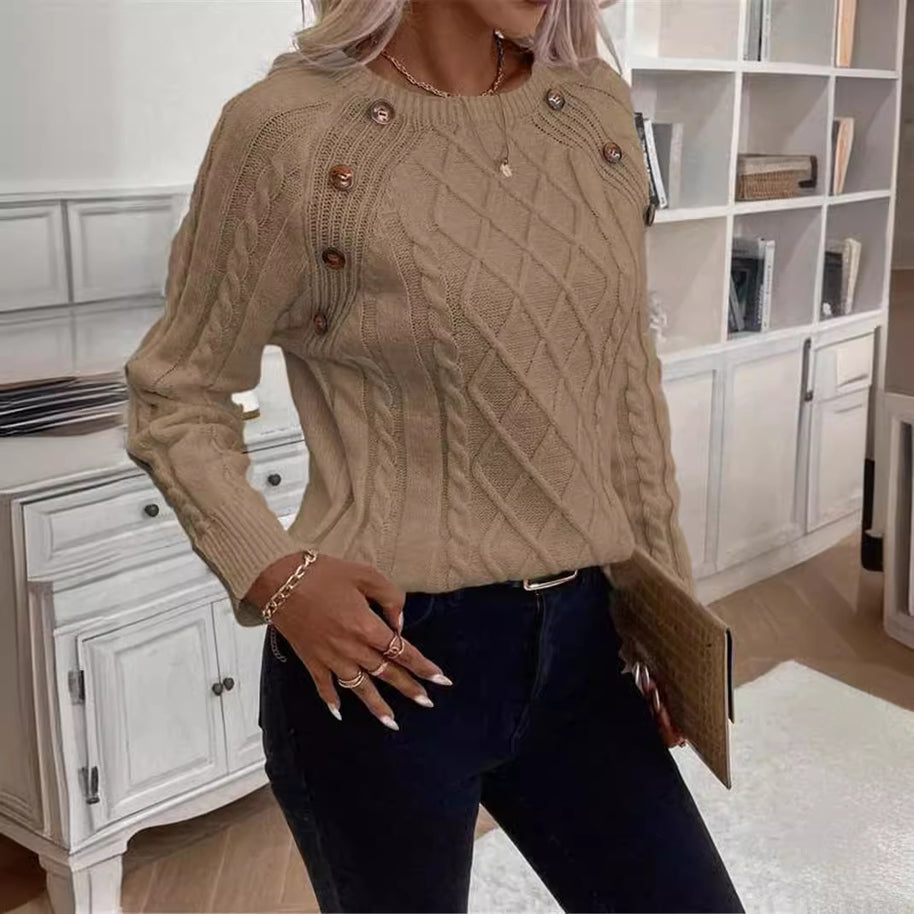 Damen Strickpullover mit strukturiertem Rautenmuster und dekorativen Knöpfen WW