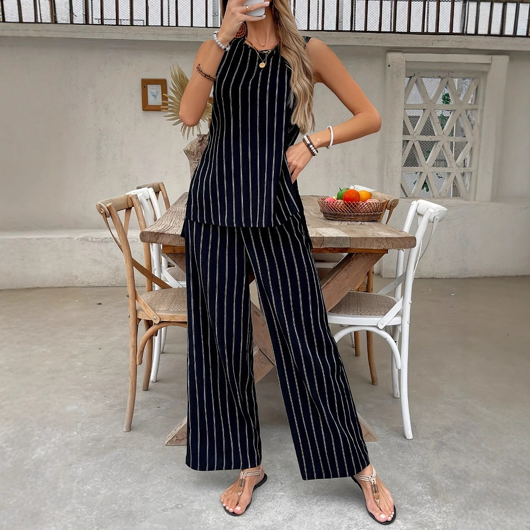 Damen gestreiftes Zweiteiliges Set mit weitem Schnitt und hochwertigem Stoff W&W
