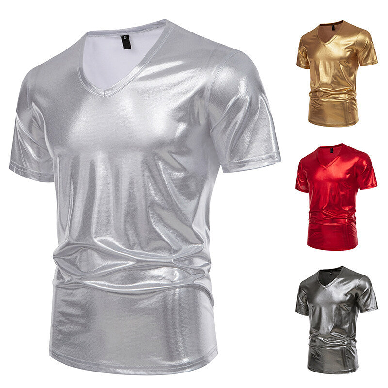 Herren Glänzendes Metallisches V-Ausschnitt T-Shirt WW