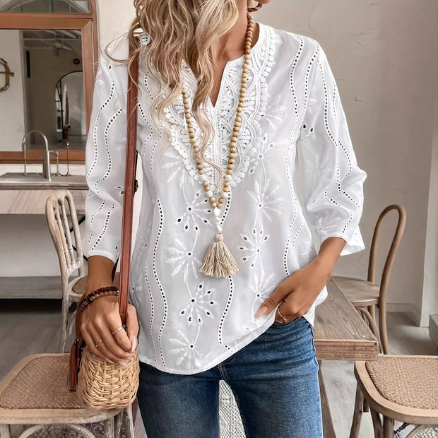 Damen bestickte Bluse mit elegantem V-Ausschnitt und 3/4-Ärmeln WW