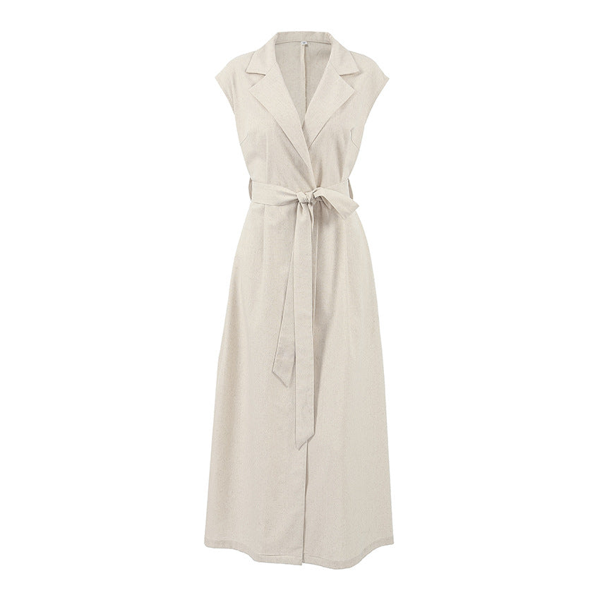 W&W Mode | Lange Kleid Baumwoll Leinen Mischung Hohe Taille Wickel Ärmelloses Kragenförmiges Design