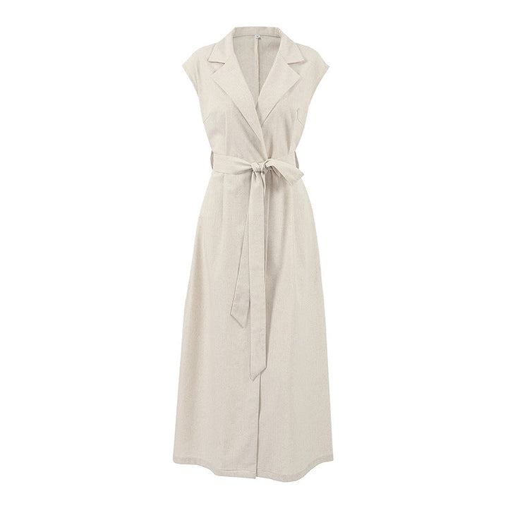 W&W Mode | Lange Kleid Baumwoll Leinen Mischung Hohe Taille Wickel Ärmelloses Kragenförmiges Design