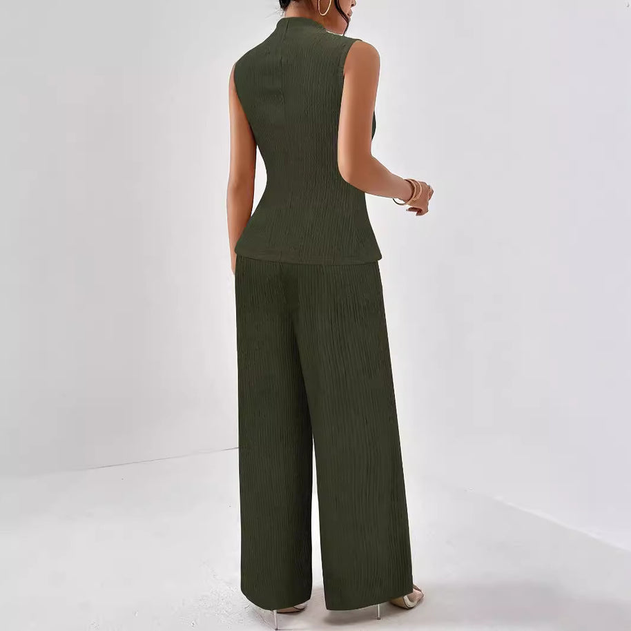 Damen eleganter Jumpsuit mit Rippstruktur und hochgeschlossenem Kragen W&W